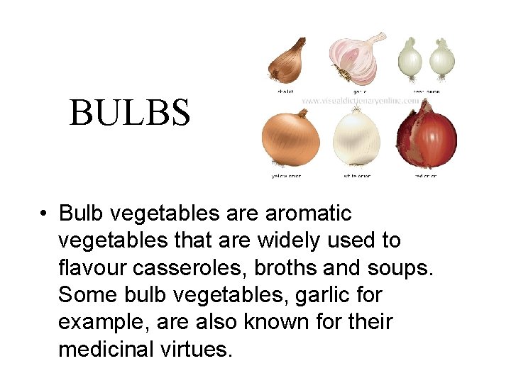 BULBS • Bulb vegetables are aromatic vegetables that are widely used to flavour casseroles,