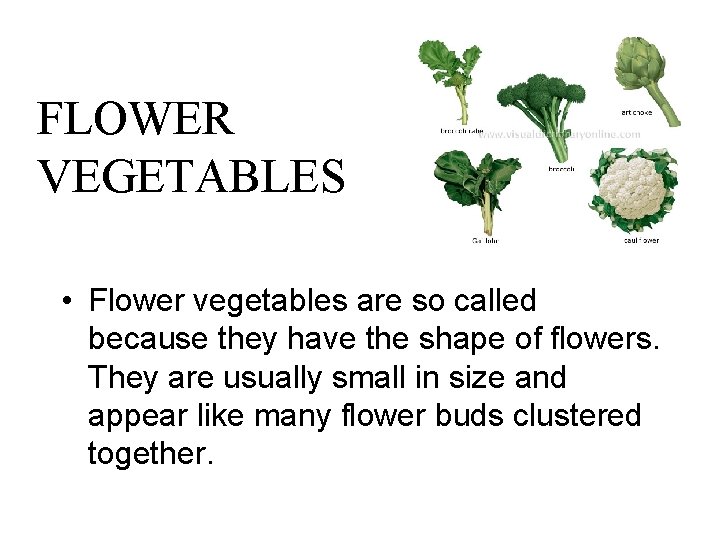 FLOWER VEGETABLES • Flower vegetables are so called because they have the shape of