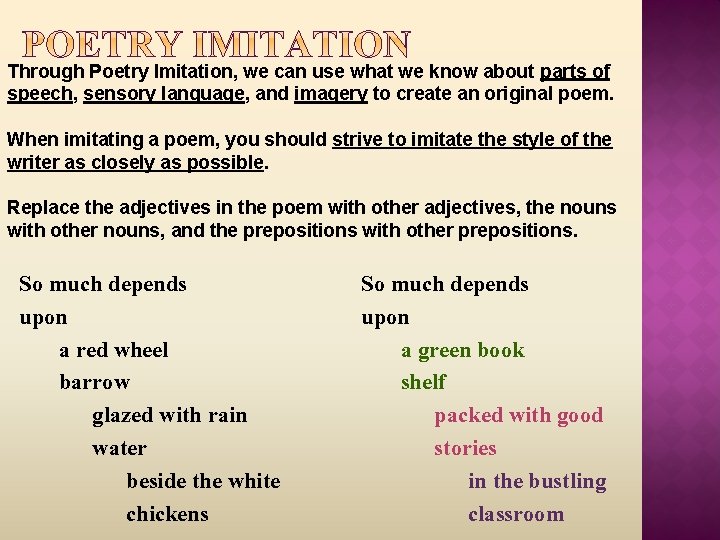 Through Poetry Imitation, we can use what we know about parts of speech, sensory