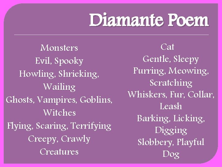 Diamante Poem Monsters Evil, Spooky Howling, Shrieking, Wailing Ghosts, Vampires, Goblins, Witches Flying, Scaring,
