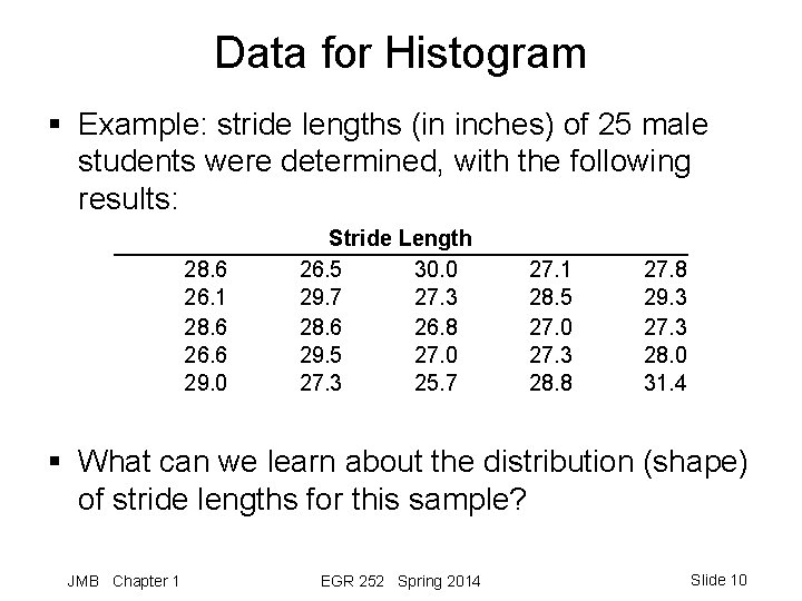 Data for Histogram § Example: stride lengths (in inches) of 25 male students were