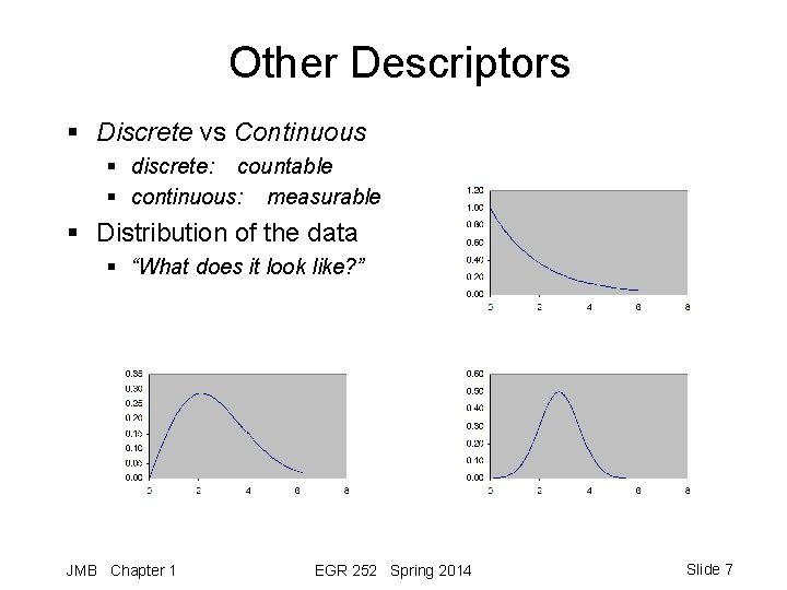 Other Descriptors § Discrete vs Continuous § discrete: countable § continuous: measurable § Distribution