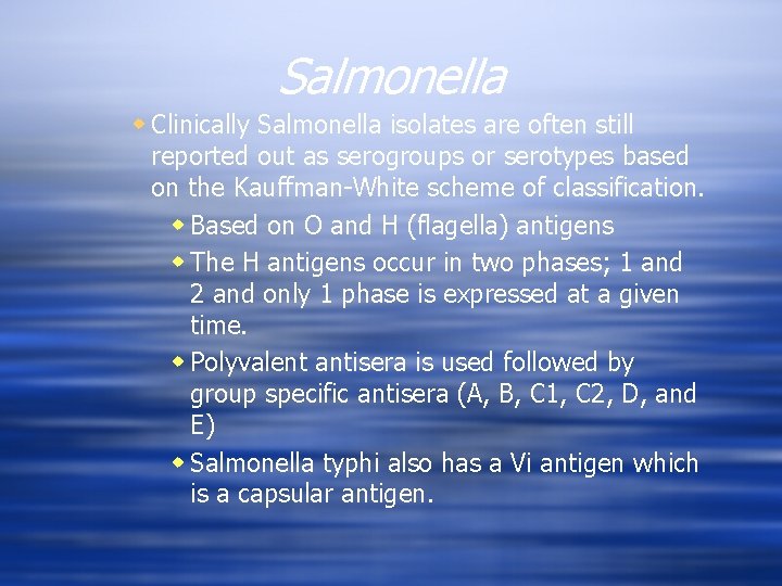 Salmonella w Clinically Salmonella isolates are often still reported out as serogroups or serotypes