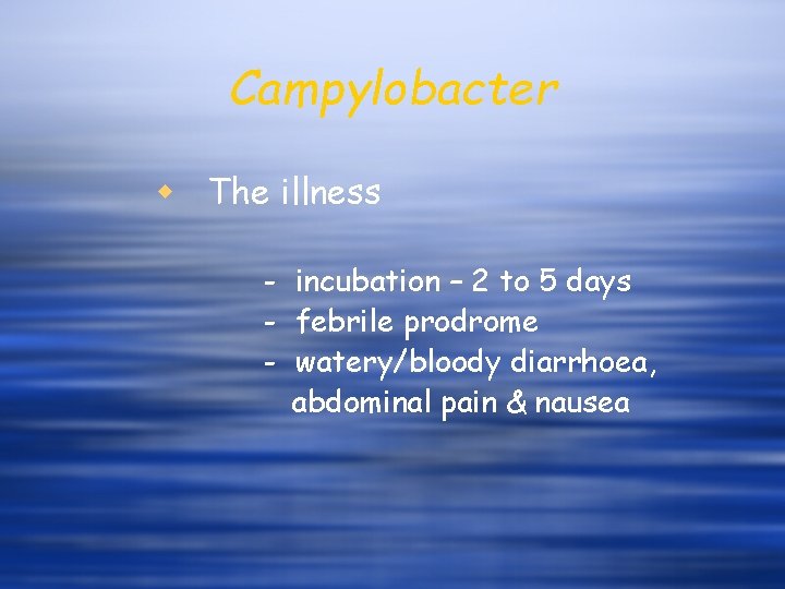 Campylobacter w The illness - incubation – 2 to 5 days - febrile prodrome