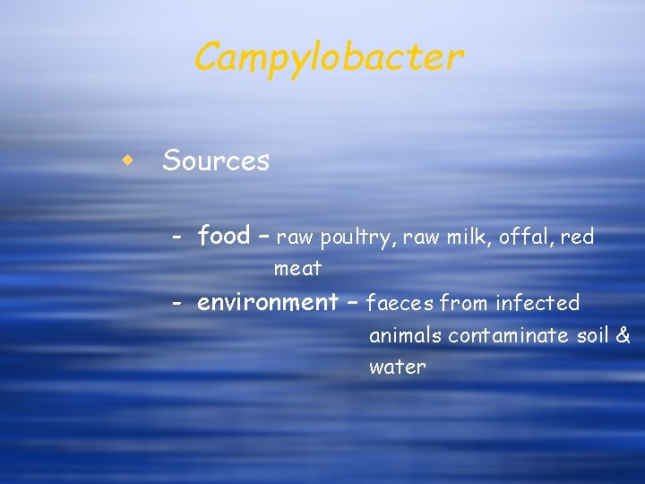 Campylobacter w Sources - food – raw poultry, raw milk, offal, red meat -