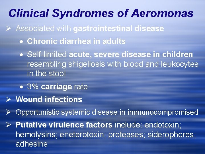 Clinical Syndromes of Aeromonas Ø Associated with gastrointestinal disease · Chronic diarrhea in adults