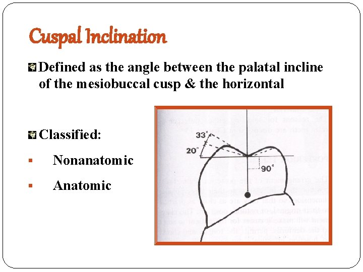 Cuspal Inclination Defined as the angle between the palatal incline of the mesiobuccal cusp