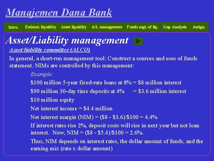 Manajemen Dana Bank Intro. Estimat. liquidity Asset liquidity A/L management Funds mgt. of liq.