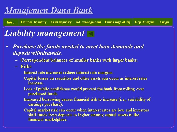 Manajemen Dana Bank Intro. Estimat. liquidity Asset liquidity A/L management Funds mgt. of liq.