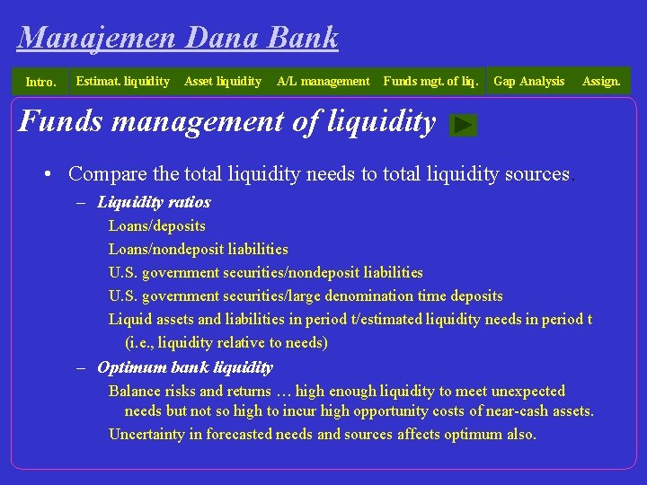 Manajemen Dana Bank Intro. Estimat. liquidity Asset liquidity A/L management Funds mgt. of liq.