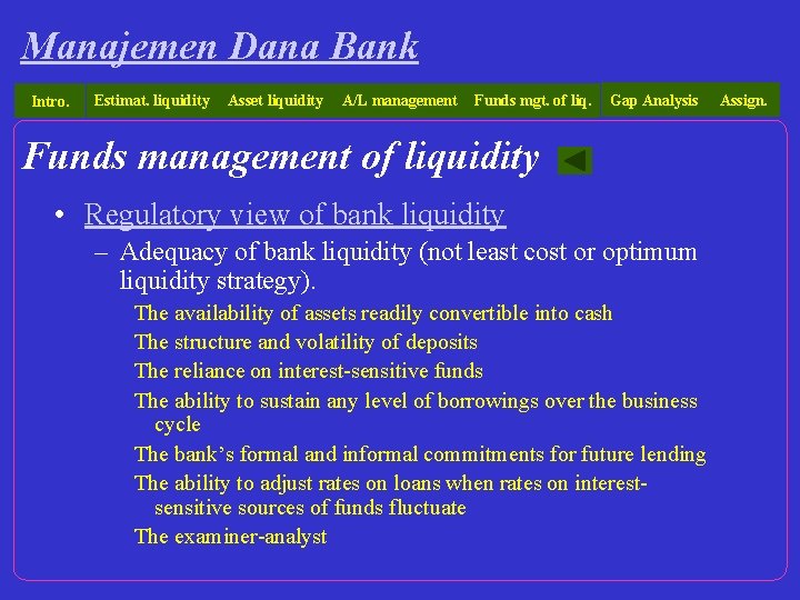 Manajemen Dana Bank Intro. Estimat. liquidity Asset liquidity A/L management Funds mgt. of liq.