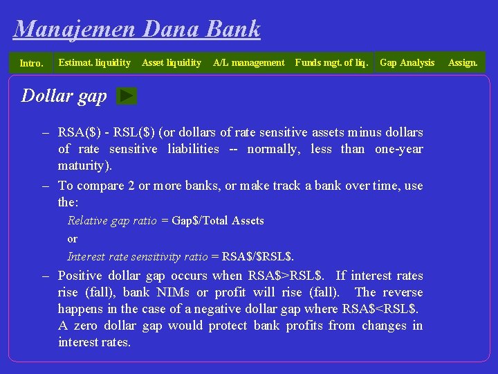 Manajemen Dana Bank Intro. Estimat. liquidity Asset liquidity A/L management Funds mgt. of liq.