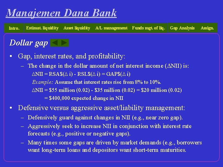 Manajemen Dana Bank Intro. Estimat. liquidity Asset liquidity A/L management Funds mgt. of liq.