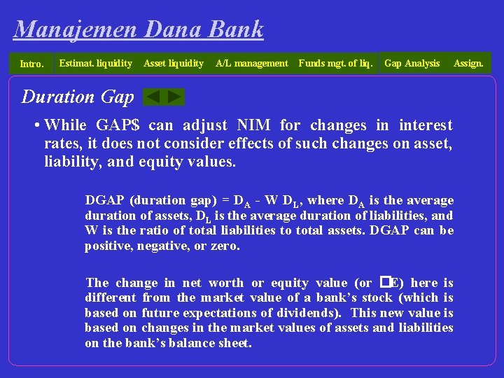 Manajemen Dana Bank Intro. Estimat. liquidity Asset liquidity A/L management Funds mgt. of liq.