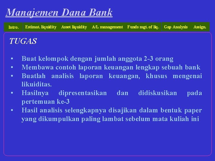 Manajemen Dana Bank Intro. Estimat. liquidity Asset liquidity A/L management Funds mgt. of liq.