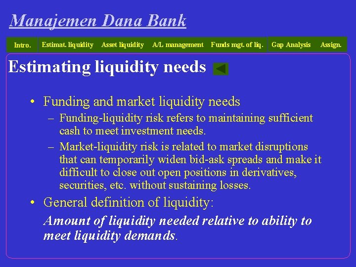 Manajemen Dana Bank Intro. Estimat. liquidity Asset liquidity A/L management Funds mgt. of liq.