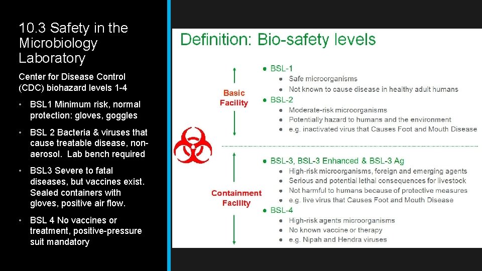 10. 3 Safety in the Microbiology Laboratory Center for Disease Control (CDC) biohazard levels