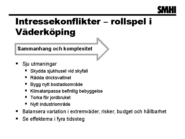 Intressekonflikter – rollspel i Väderköping Sammanhang och komplexitet § Sju utmaningar § § §