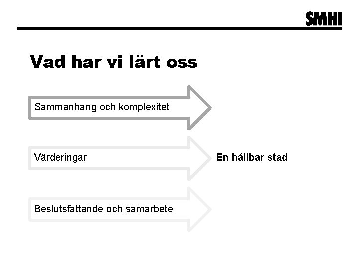 Vad har vi lärt oss Sammanhang och komplexitet Värderingar Beslutsfattande och samarbete En hållbar