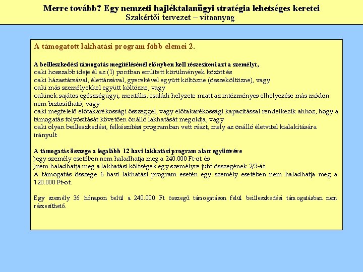 Merre tovább? Egy nemzeti hajléktalanügyi stratégia lehetséges keretei Szakértői tervezet – vitaanyag A támogatott