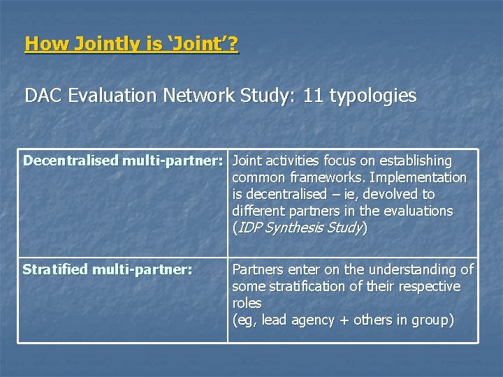 How Jointly is ‘Joint’? DAC Evaluation Network Study: 11 typologies Decentralised multi-partner: Joint activities