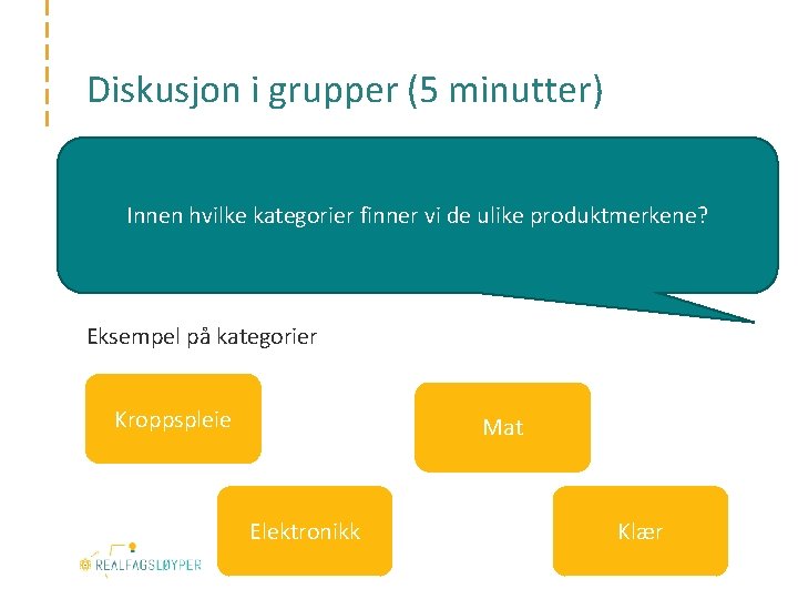 Diskusjon i grupper (5 minutter) Innen hvilke kategorier finner vi de ulike produktmerkene? Eksempel