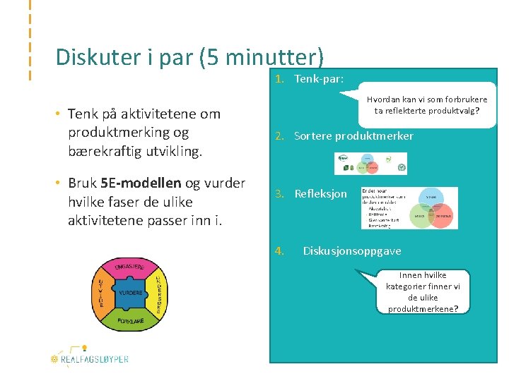 Diskuter i par (5 minutter) 1. Tenk-par: • Tenk på aktivitetene om produktmerking og