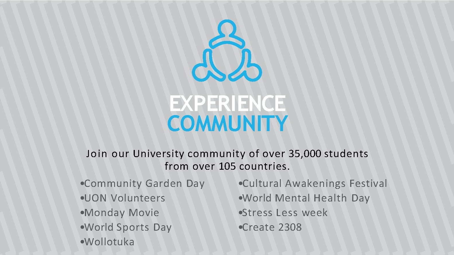 EXPERIENCE COMMUNITY Join our University community of over 35, 000 students from over 105