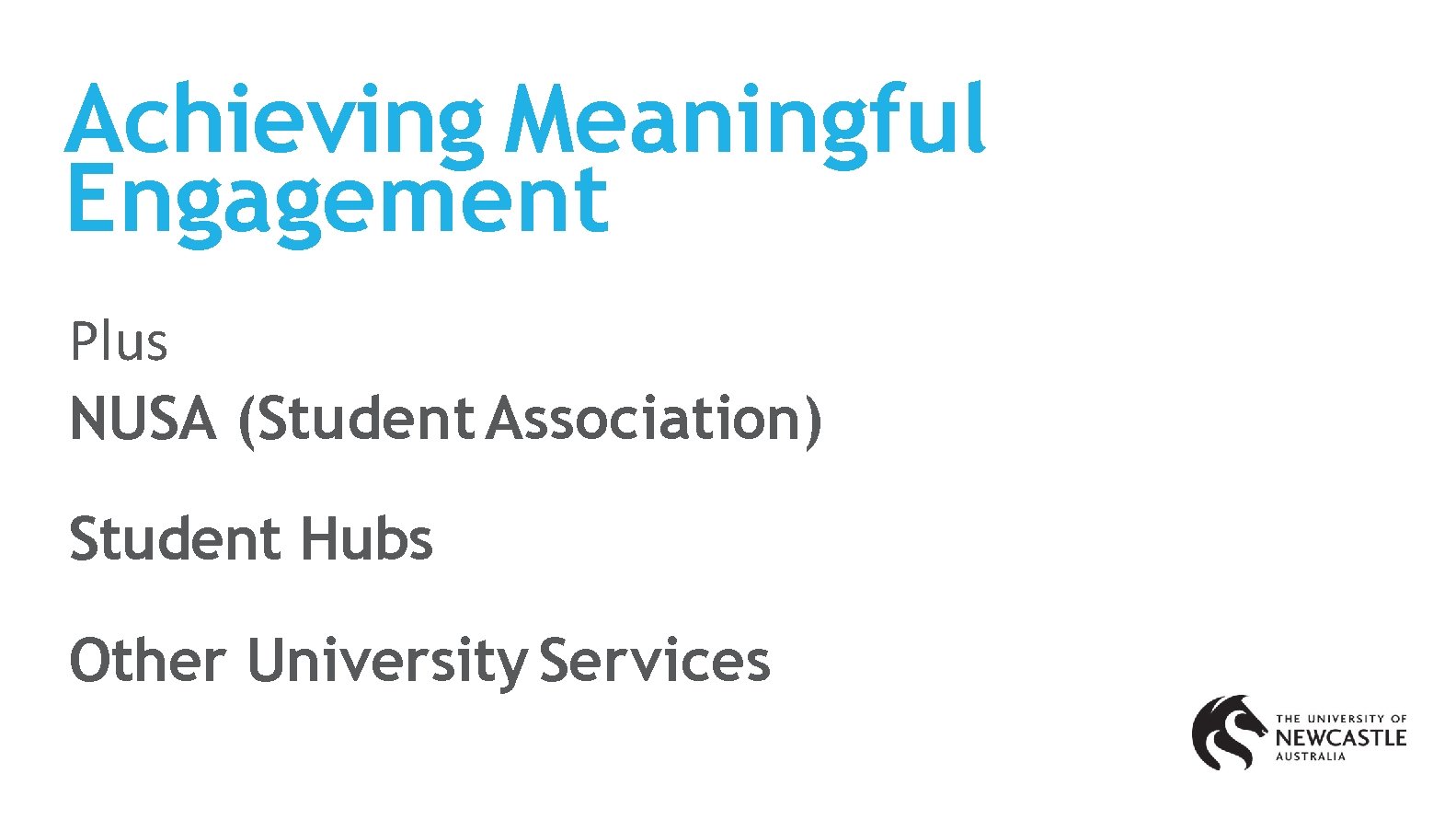 Achieving Meaningful Engagement Plus NUSA (Student Association) Student Hubs Other University Services 