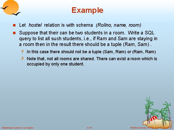 Example n Let hostel relation is with schema (Rollno, name, room) n Suppose that