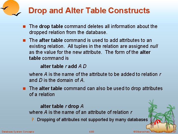 Drop and Alter Table Constructs n The drop table command deletes all information about