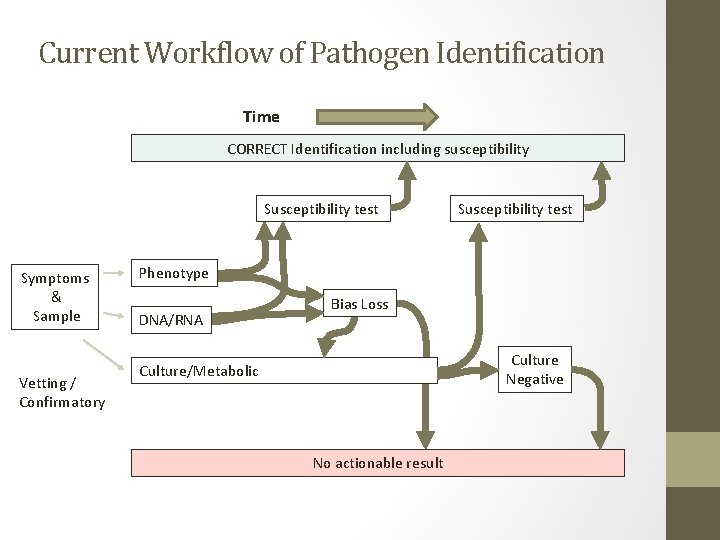 Current Workflow of Pathogen Identification Time CORRECT Identification including susceptibility Susceptibility test Symptoms &
