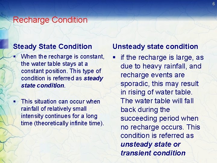 6 Recharge Condition Steady State Condition § When the recharge is constant, the water 6 Recharge Condition Steady State Condition § When the recharge is constant, the water