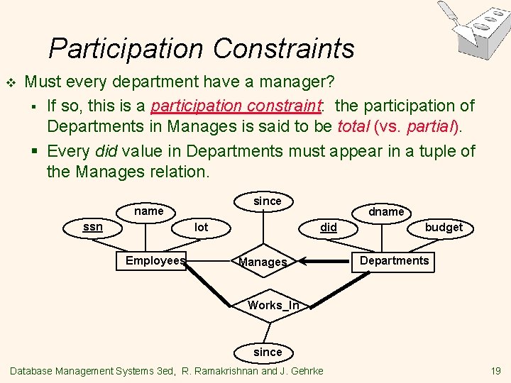 Participation Constraints v Must every department have a manager? § If so, this is