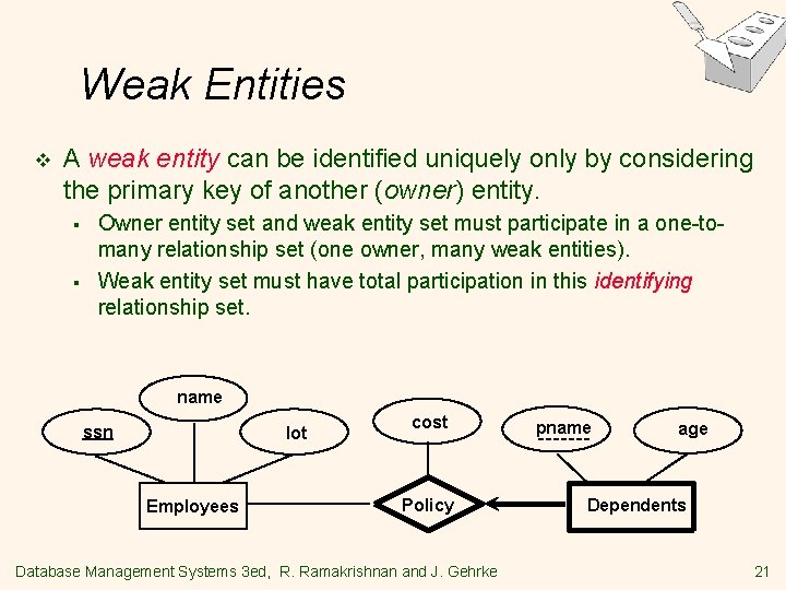 Weak Entities v A weak entity can be identified uniquely only by considering the