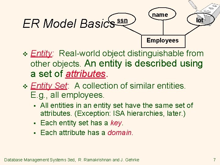 ER Model Basics ssn name lot Employees v Entity: Real-world object distinguishable from other