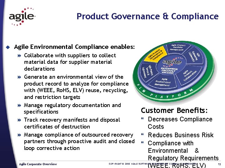 Product Governance & Compliance u Agile Environmental Compliance enables: 8 8 8 Collaborate with