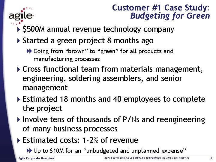 Customer #1 Case Study: Budgeting for Green 4$500 M annual revenue technology company 4