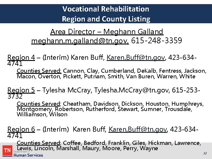 Vocational Rehabilitation Region and County Listing Area Director – Meghann Galland meghann. m. galland@tn.
