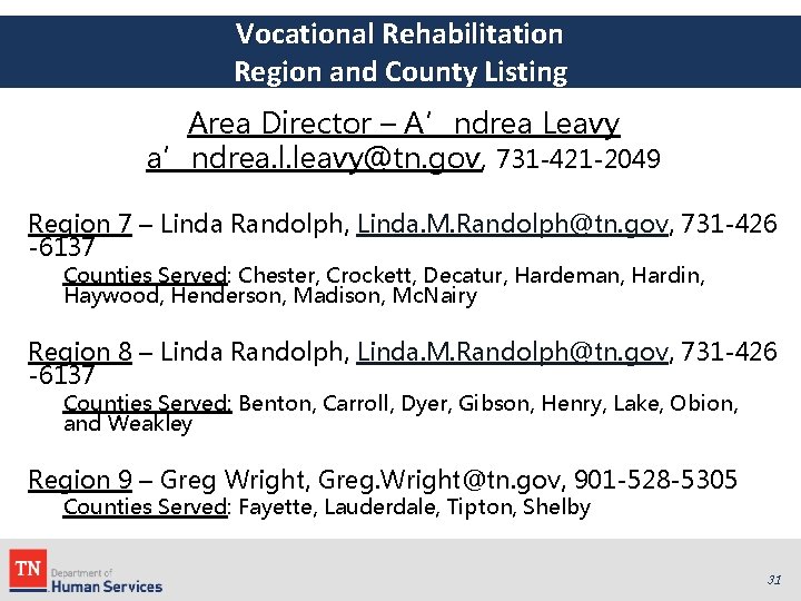Vocational Rehabilitation Region and County Listing Area Director – A’ndrea Leavy a’ndrea. l. leavy@tn.