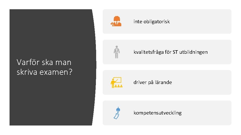 inte obligatorisk kvalitetsfråga för ST utbildningen Varför ska man skriva examen? driver på lärande