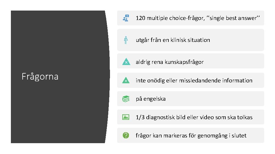 120 multiple choice-frågor, ’’single best answer’’ utgår från en klinisk situation aldrig rena kunskapsfrågor