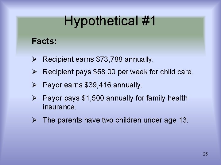 Hypothetical #1 Facts: Ø Recipient earns $73, 788 annually. Ø Recipient pays $68. 00