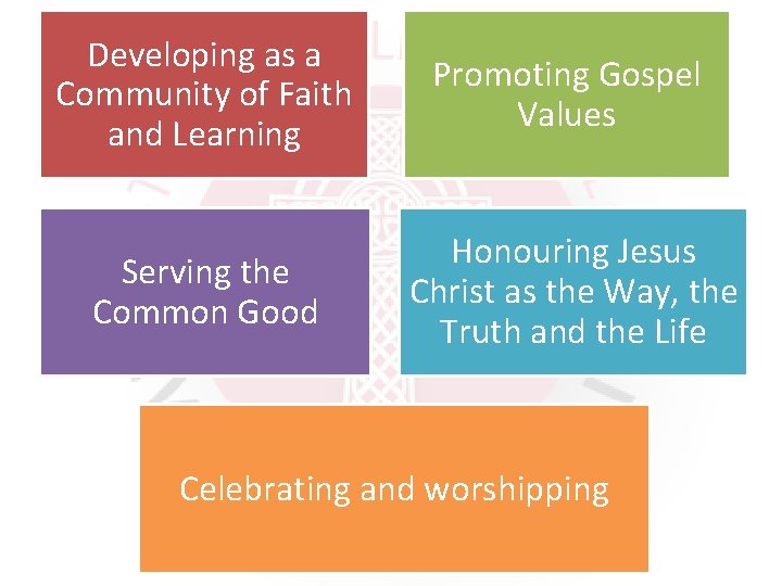 Developing as a Community of Faith and Learning Promoting Gospel Values Serving the Common
