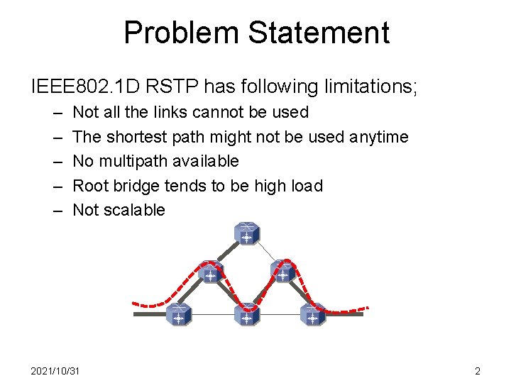 Problem Statement IEEE 802. 1 D RSTP has following limitations; – – – Not