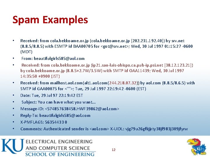 Spam Examples • • • Received: from cola. bekkoame. or. jp (cola. bekkoame. or.
