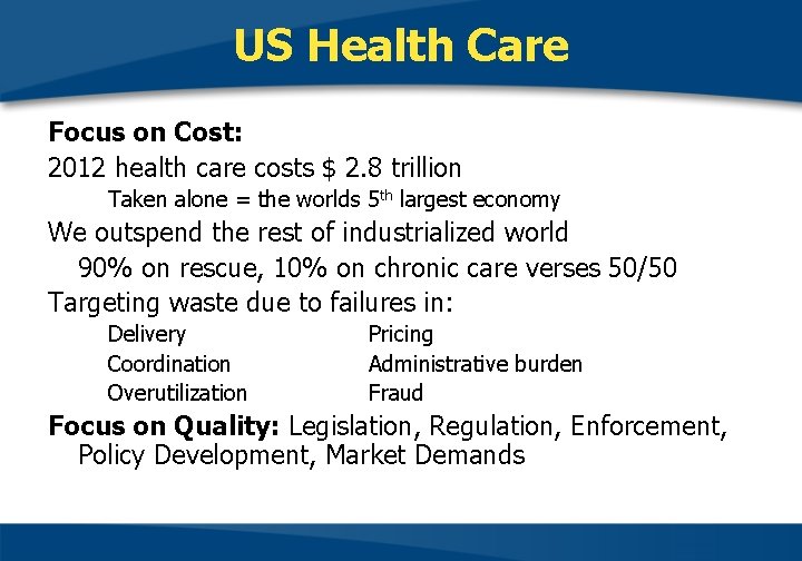 US Health Care Focus on Cost: 2012 health care costs $ 2. 8 trillion