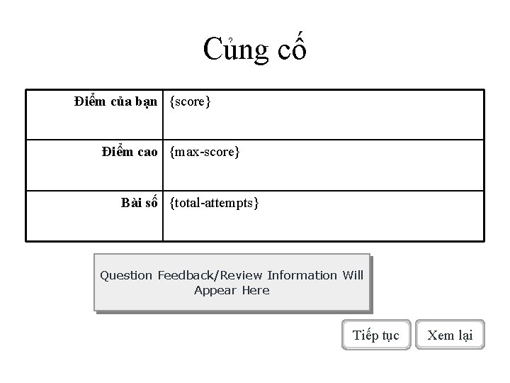 Củng cố Điểm của bạn {score} Điểm cao {max-score} Bài số {total-attempts} Question Feedback/Review