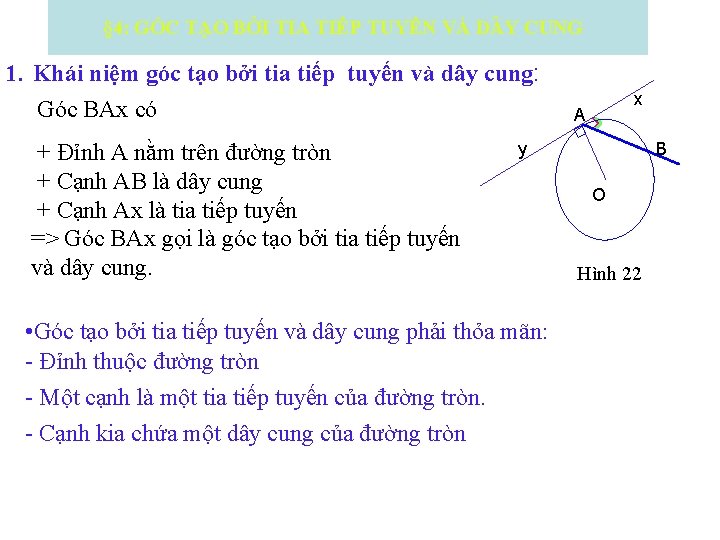 § 4: GÓC TẠO BỞI TIA TIẾP TUYẾN VÀ D Y CUNG 1. Khái