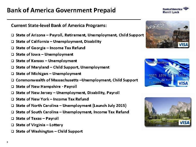 Bank of America Government Prepaid Current State-level Bank of America Programs: q q q
